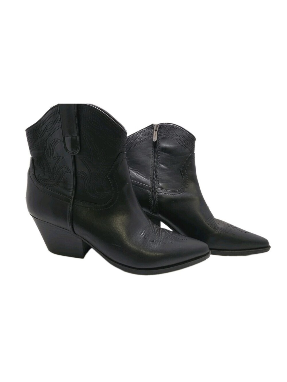Black Western Cowboy Ankle Boots Women's Size 11M Embroidered Block Heel Pull On